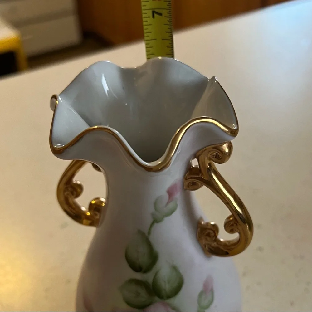 Vintage Hand Painted Floral Ivory Gold Detail Double Handled Porcelain Vase